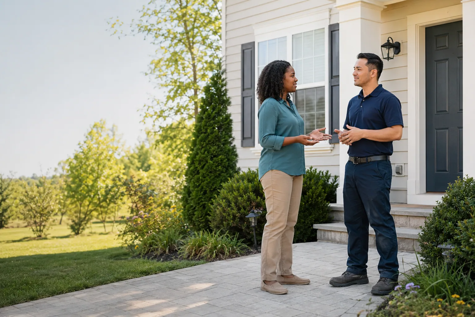 A homeowner speaking with a home-service professional outside a suburban home